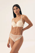 Soutien-gorge push-up élégant balconnet dentelle fleurie beige clair bretelles réglables culotte assortie