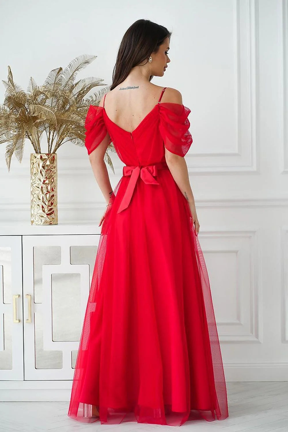 Robe longue élégante style espagnol manches plongeantes tulle bretelles fines ceinture satin fermeture éclair doublée femme
