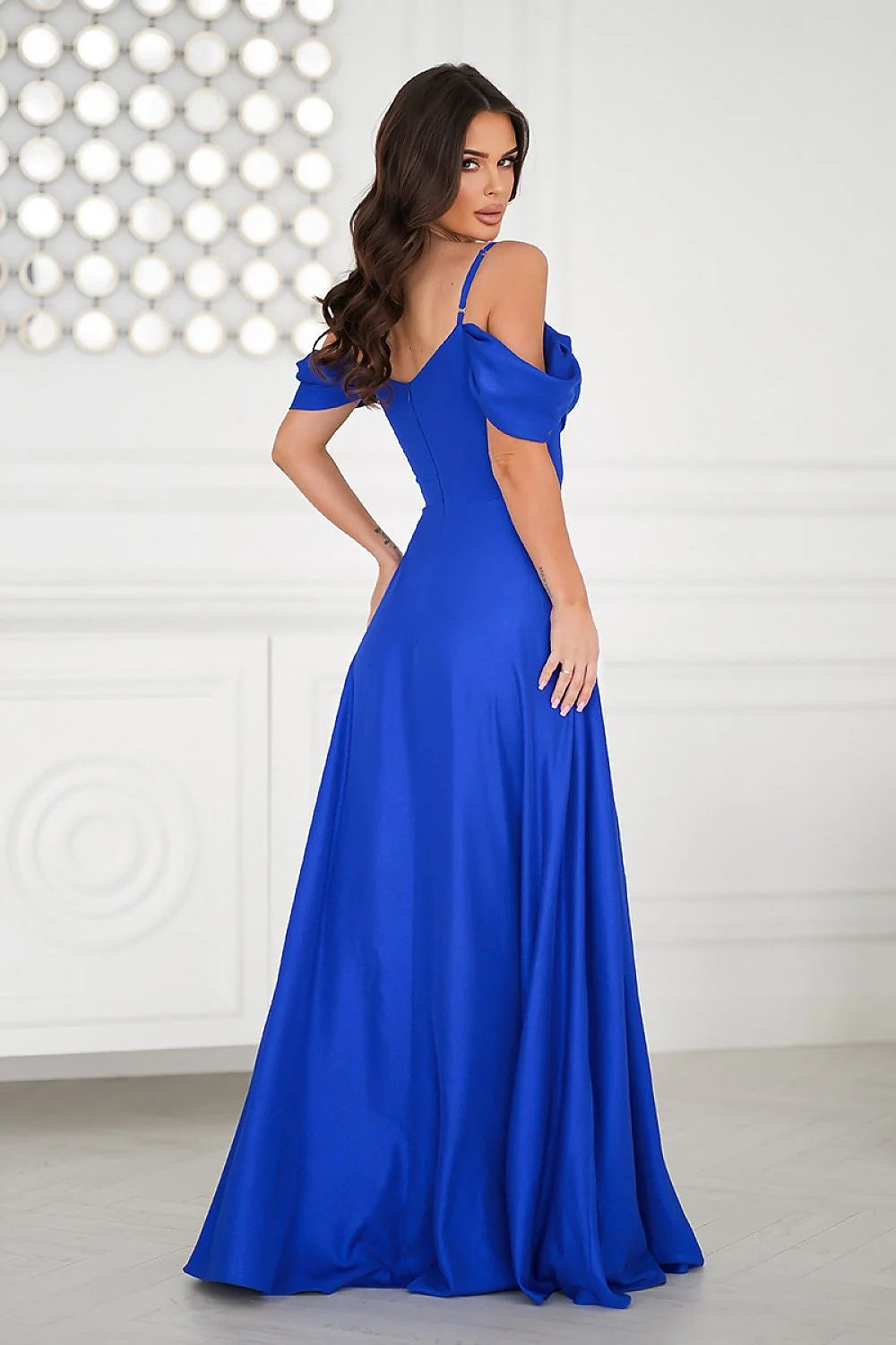 Robe longue Bicotone élégante bleu royal ajustée fente haute manches tombantes soirée formelle femme