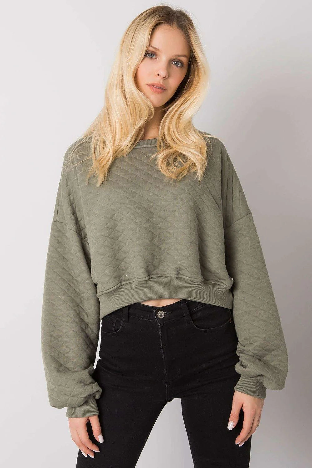 Sweatshirt femme moderne décontracté tissu matelassé kaki losanges manches longues ample urban casual