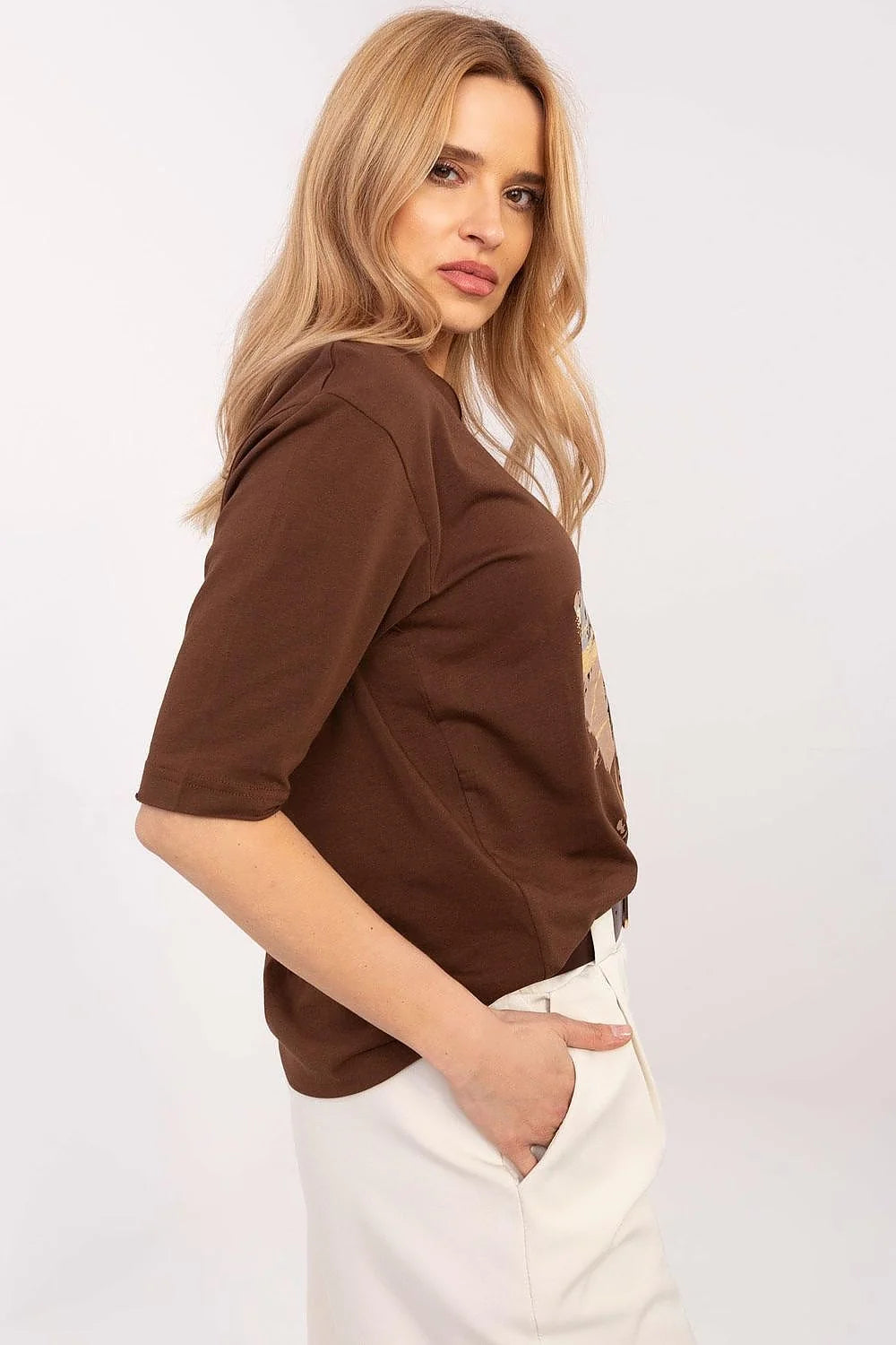 Chemisier élégant pour femmes imprimé animal motif léopard zèbre manches 3/4 col rond coton élasthanne