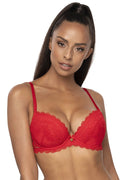 Soutien-gorge push-up en dentelle florale rouge, matelassé, bretelles ajustables, fermeture dos, couleur rouge vif, lingerie féminine élégante