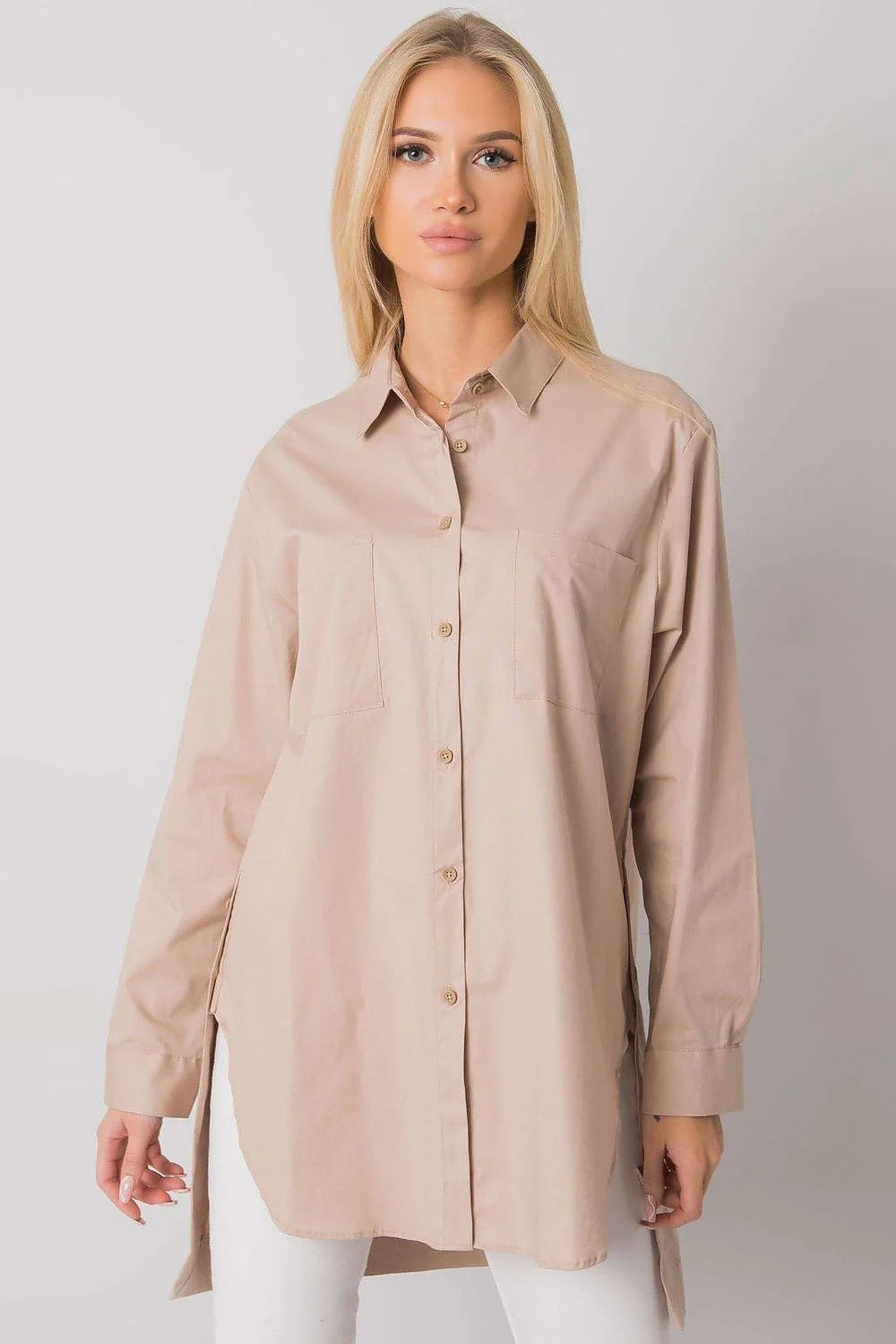 Chemise longue femme en coton élasthanne noire élégante décontractée manches longues col classique ample