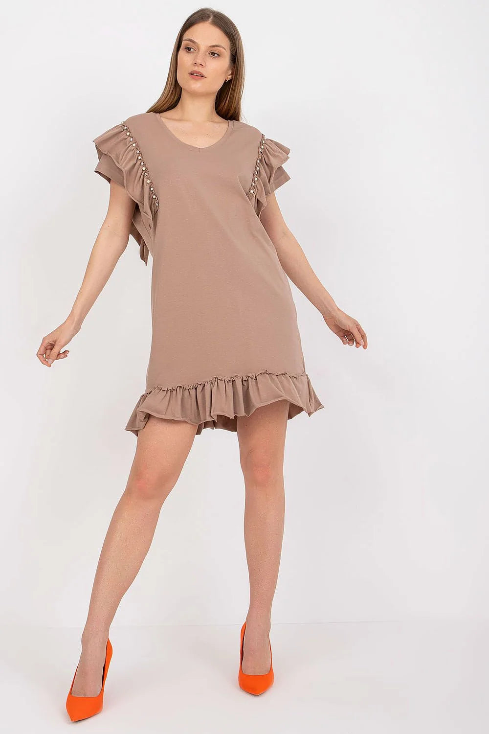 robe estivale corail légère fluide coton viscose col rond coupe droite manches courtes volants perles ourlet volanté féminine chic confortable