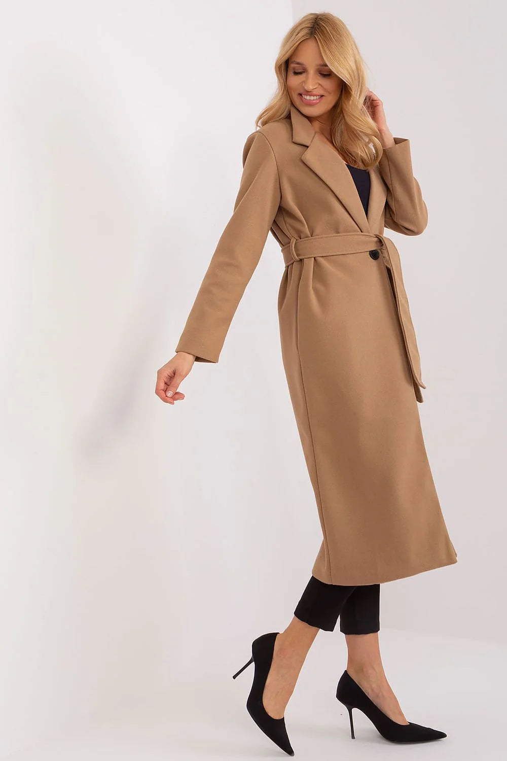 Manteau pour femme élégant long col à revers en laine beige style trench occasionnels automne hiver