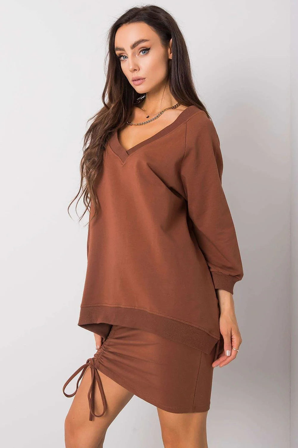 Sweatshirt Rue Paris ample manches longues encolure V couleur brun terre cuite doux respirant féminin