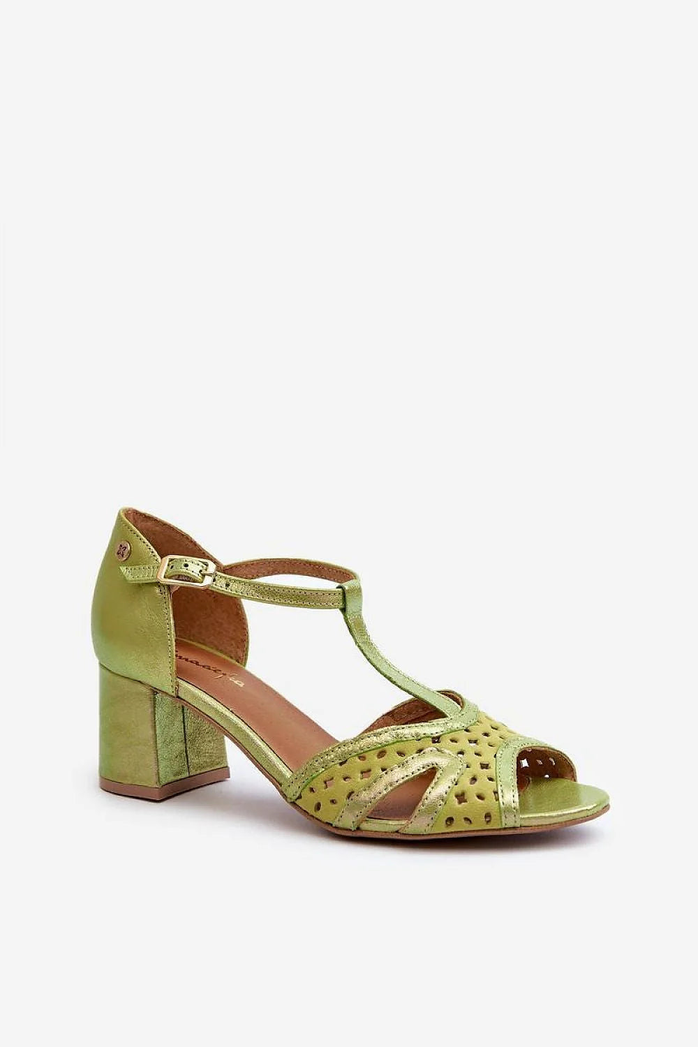 Sandales pour femme design élégant rétro orteil ouvert talon moyen cuir naturel vert olive métallisé mariage événement festif style intemporel