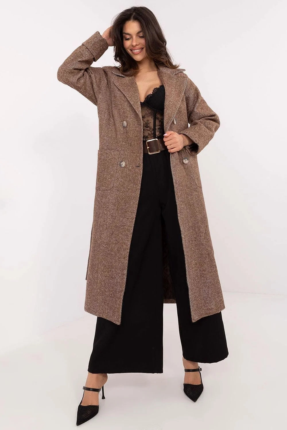 Manteau élégant pour femme longue manches longues double boutonnage motif rayures laine marron clair polyvalent saison automne hiver printemps