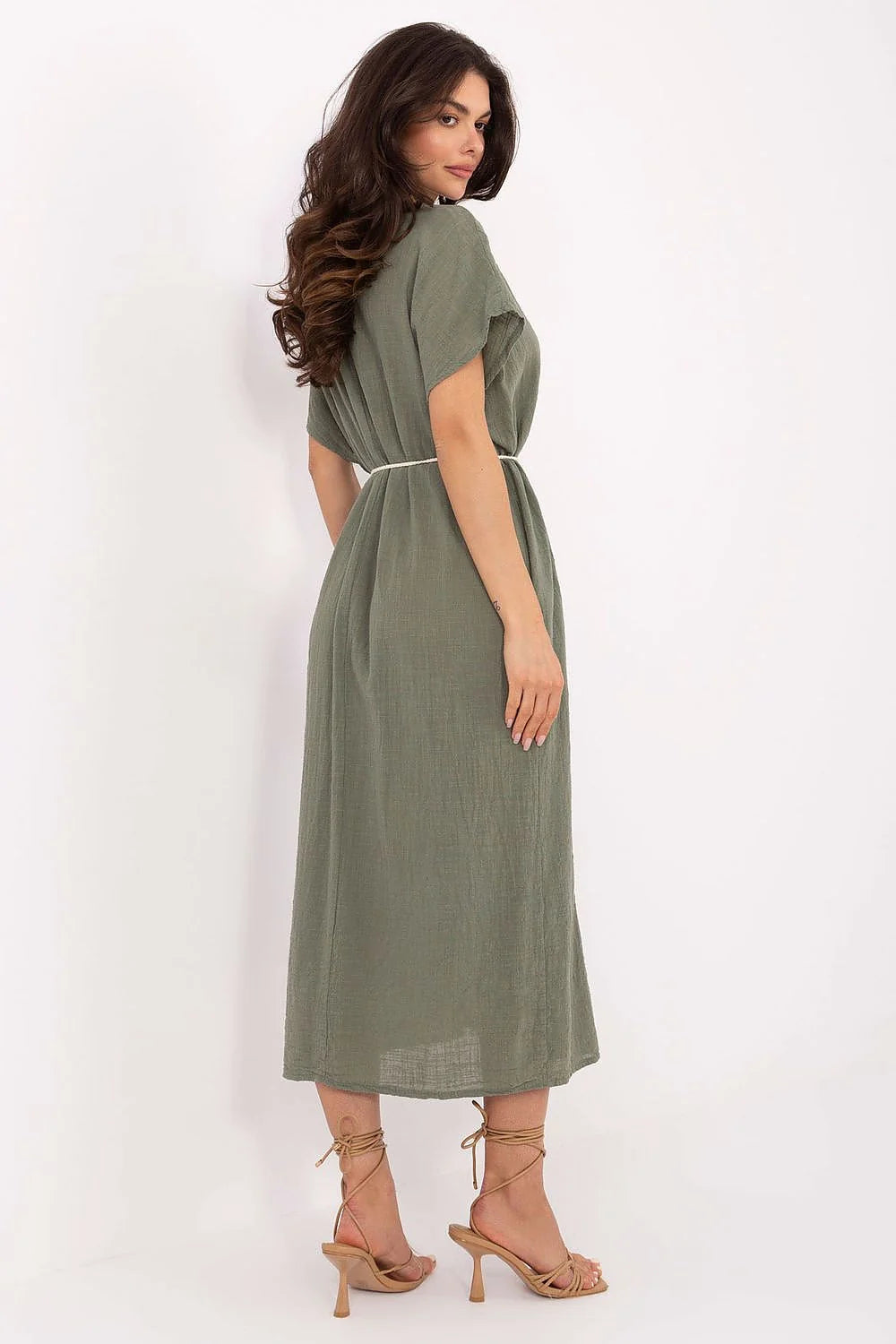 Robe longue bohème en lin coton kaki manches courtes encolure V ceinture cordelette femme occasion estivale