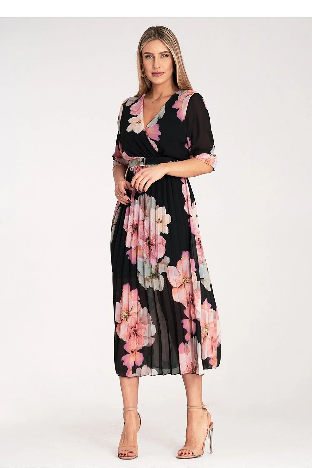 Robe de jour élégante à imprimé floral manches 3/4 taille élastique avec ceinture en tissu fluide pour femme
