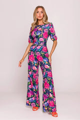 Combinaison élégante à imprimé floral multicolore tissu délicat coupe ajustée jambes larges occasions spéciales femmes