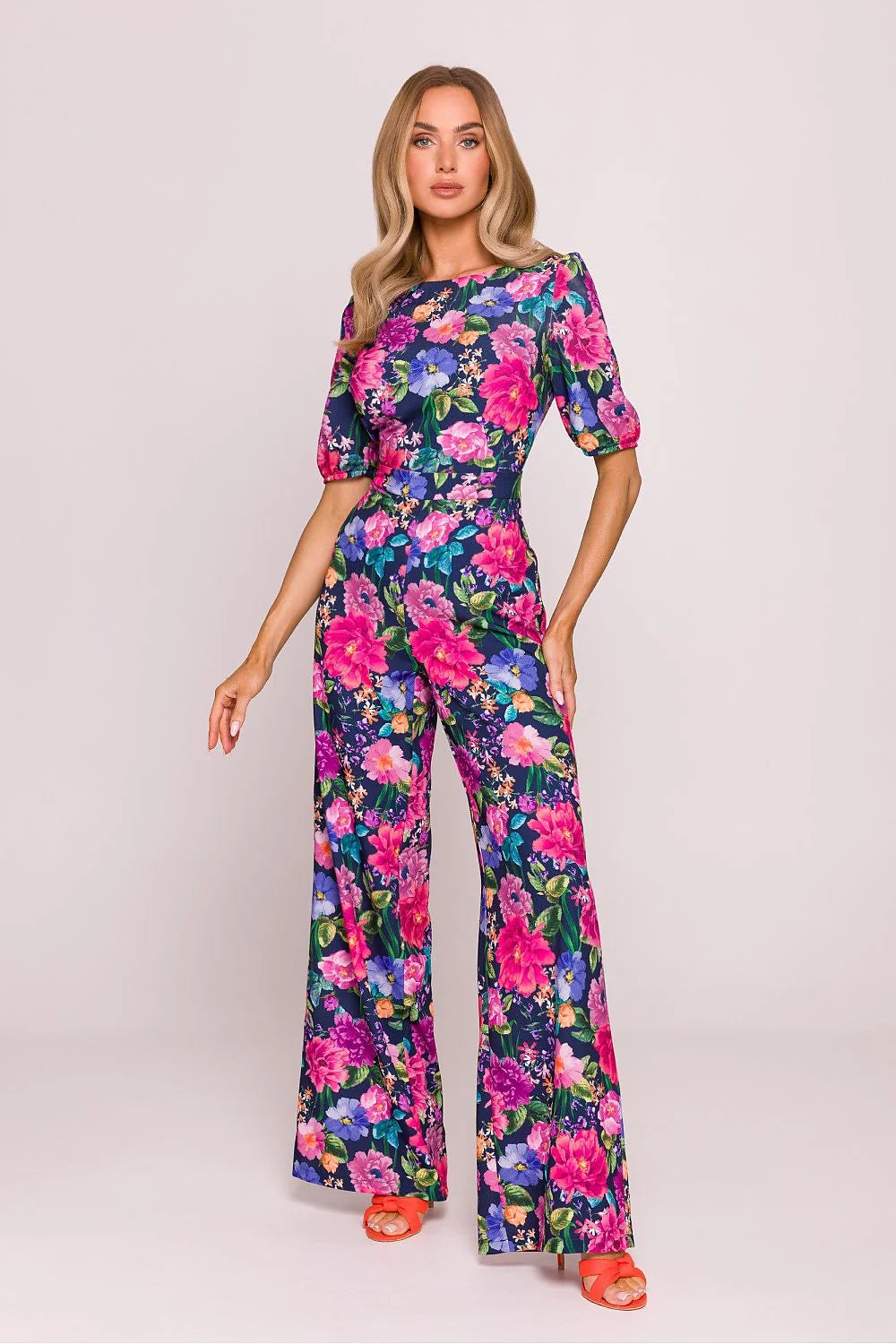 Combinaison élégante à imprimé floral multicolore tissu délicat coupe ajustée jambes larges occasions spéciales femmes
