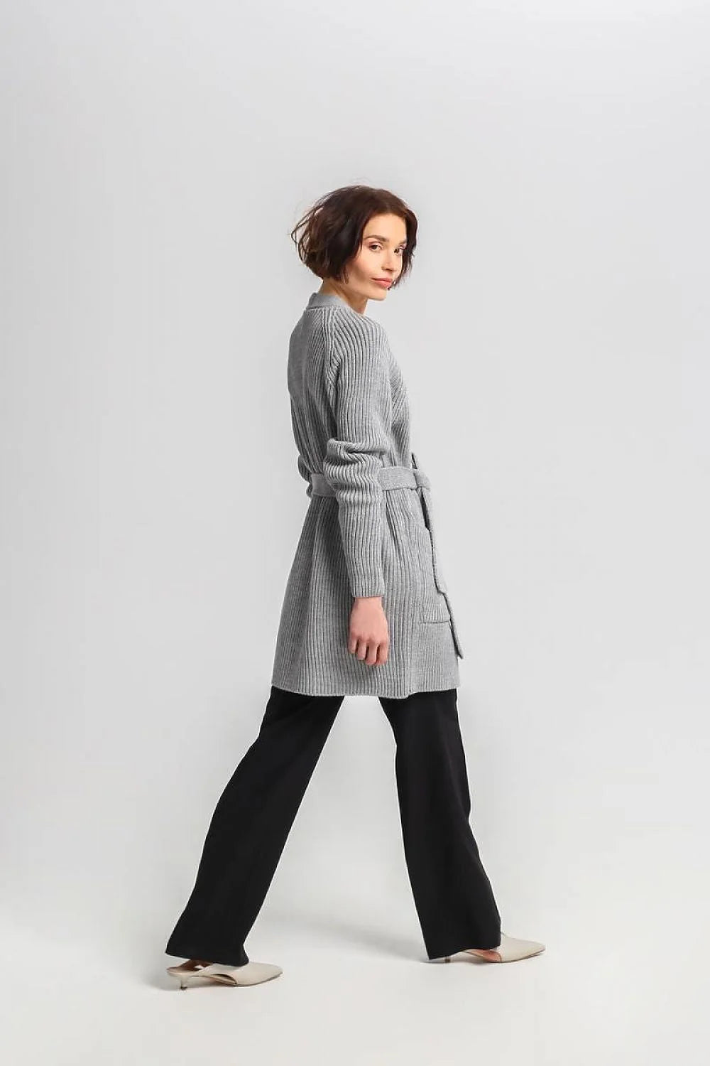Cardigan pour femme long ouvert ceinture à nouer manches longues tissu côtelé acrylique et laine gris doux S/M L/XL