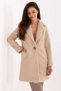 manteau femme mi long beige camel bouclé coupe droite col tailleur bouton unique manches longues poches latérales doublure élégant automne