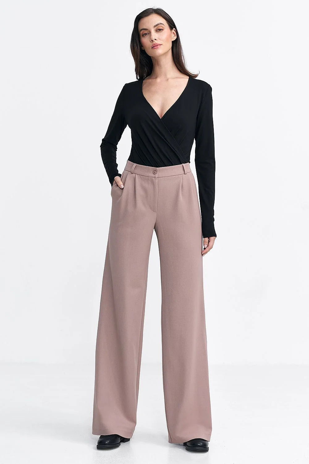 Pantalon femme long coupe ample haute taille large beige rosé fermeture éclair poches latérales polyester