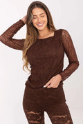 chemisier dentelle romantique élégant féminin délicat léger transparent nylon spandex stretch ajusté silhouette encolure ronde manches longues doublure partielle chocolat