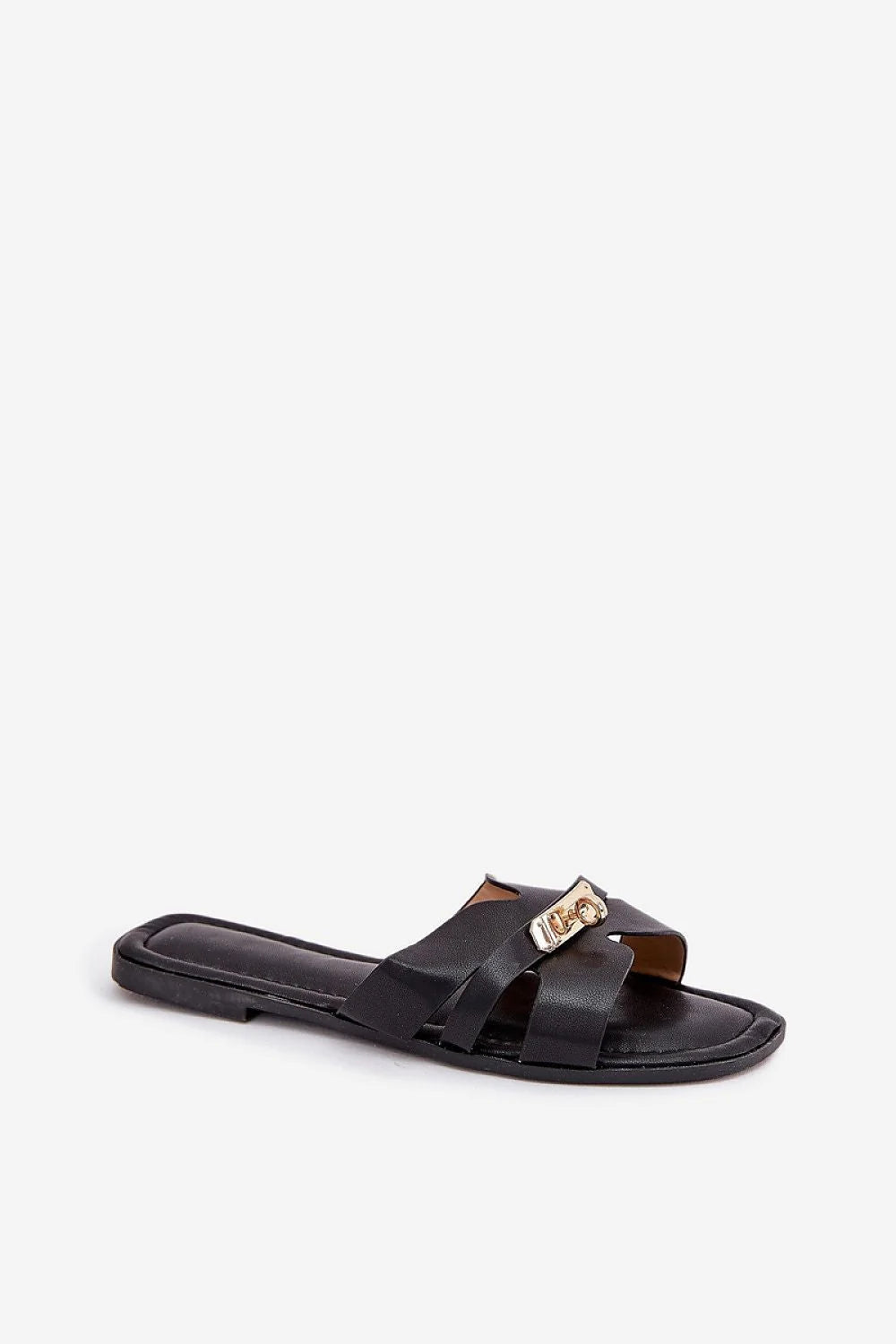 Sandales pour femmes élégantes en cuir noir style contemporain doré minimaliste plate semelle lanières croisées occasion estivale chic-casual