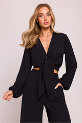 Chemisier moe élégant longues manches crop top décolleté V noeud avant pants taille haute femme