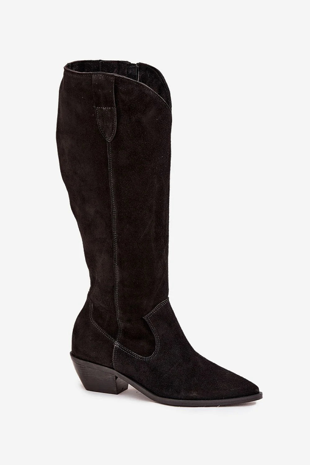 bottes femme western suède noir bout pointu talon cubain bas hauteur genou doublure feutre chaude confortable semelle stable