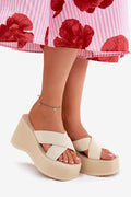 sandales plates femmes plateforme haute 10cm compensées tissu trame respirant brides croisées réglables bout ouvert semelle antidérapante légère confortable beige