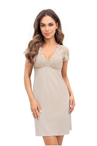 nuisette femme beige nude fluide légère dentelle fine manches courtes transparentes encolure plongeante taille empire marquée