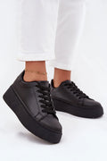 sneakers femme similicuir plateforme noire semelle mousse crantée bout rond lacets noirs col rembourré couture urbain chunky polyvalentes confortables élégantes