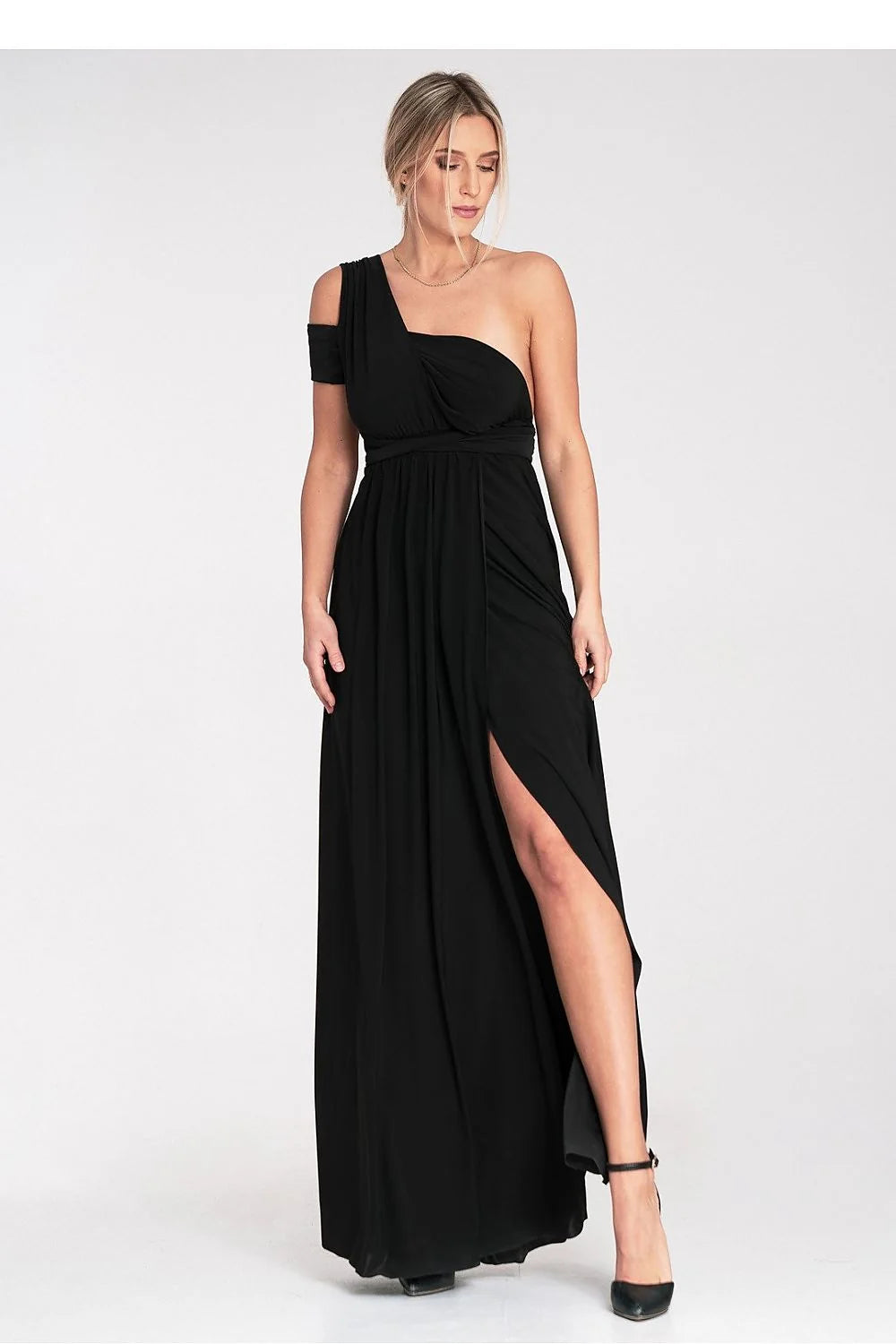 Robe longue élégante sans manches couleur noire décolleté V fente épaules nues polyester elasthanne soirée mariage