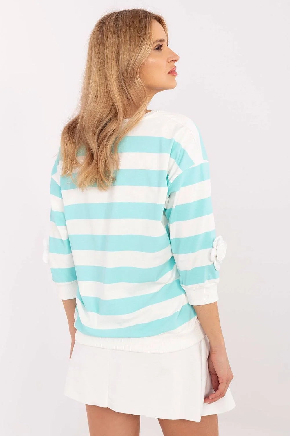Chemisier Relevance Femme Rayures Turquoise et Blanche Coton Élasthanne Manches 3/4 Fleur Décoratives Casual Élégant Vêtement Polyvalent