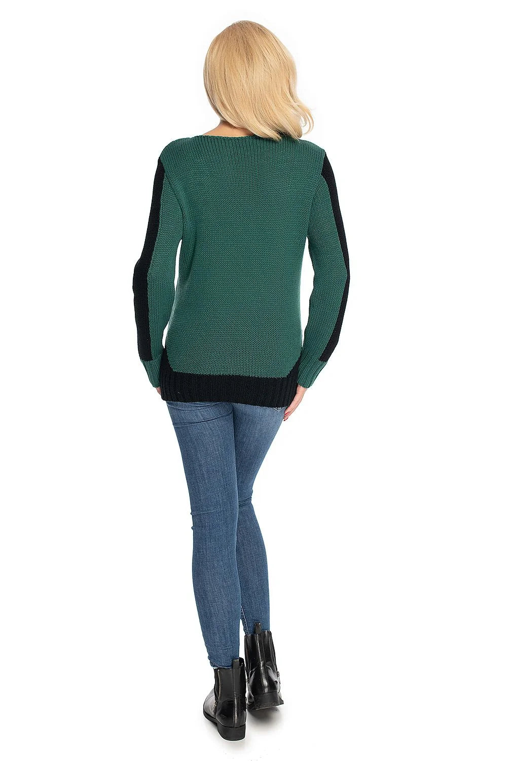 Pull maternité PeeKaBoo bleu denim manches longues bandes blanches col rond maille extensible coupe ample bordscôtes doux élégant