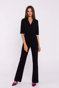 Combinaison Stylove élégante noire en polyester élasthanne encolure V manches courtes peplum taille ajustable longues évasées femmes occasionnels professionnelles