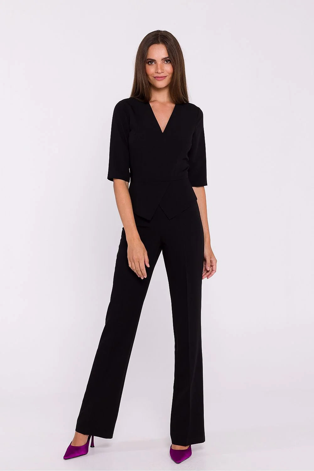 Combinaison Stylove élégante noire en polyester élasthanne encolure V manches courtes peplum taille ajustable longues évasées femmes occasionnels professionnelles