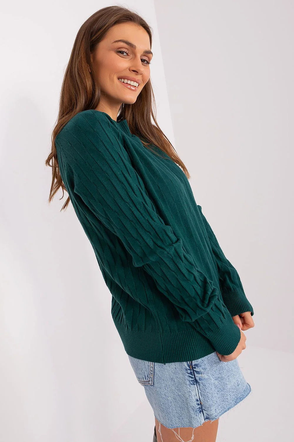 Pull pour femmes Chandail AT motif torsadé vert forêt manches longues coupe ample polyester-coton automne hiver style décontracté