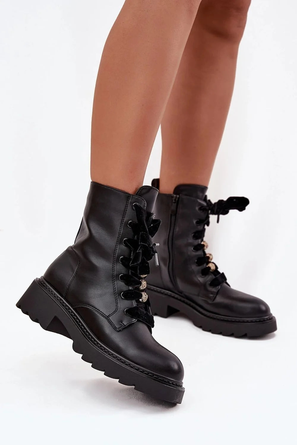 bottines femme simili cuir noir rangers semelle plateforme crantée talon 45mm doublure douce lacets velours embouts dorés fermeture éclair latérale