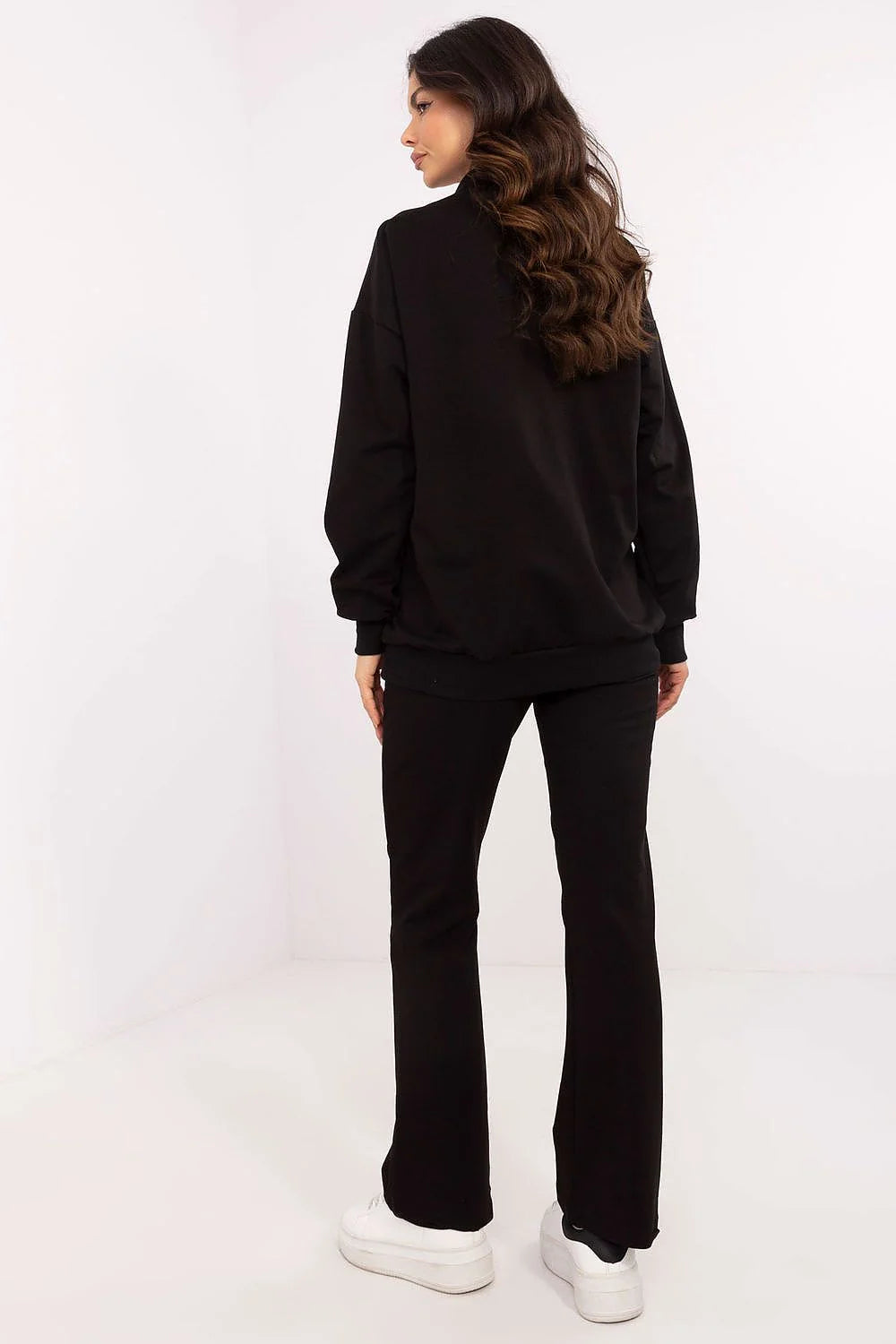 Ensemble moderne et décontracté pour femme noir uni haut ample manches longues encolure V profonde pantalon évasé taille haute