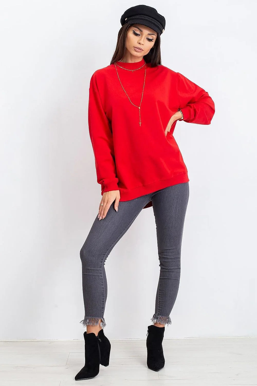 Sweatshirt BFG pour femme en coton 90% élasthanne 10%, style casual oversize, couleur bleu vif, manches longues, col rond côtelé, idéal pour tenues urbaines et décontractées