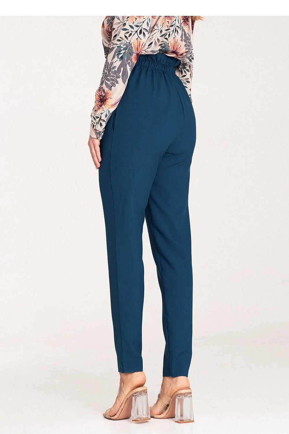Pantalon femme élégant moderne coupe carotte taille haute ceinture dorée polyester tailles XS S M L XL