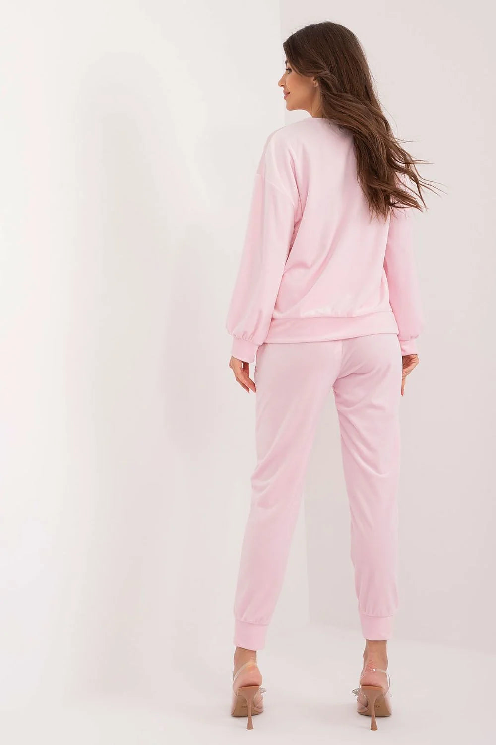 ensemble femme Italy Moda velours rose pâle douce luxueuse sweatshirt manches longues pantalon jogger taille élastique chevilles resserrées