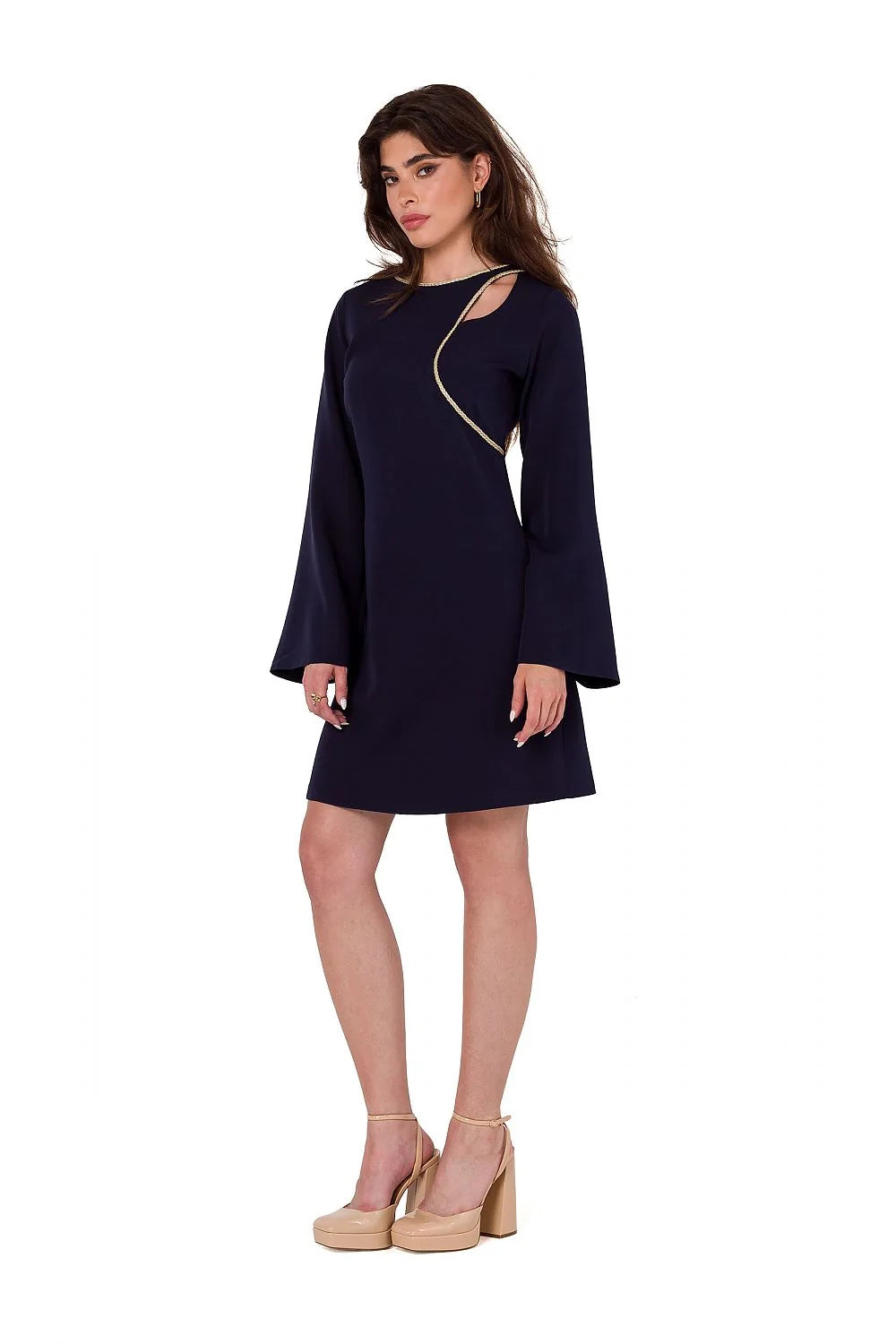 Robe de cocktail Makover bleu marine manches longues évasées découpe asymétrique dorée occasion semi-formelle