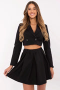Ensemble deux pièces féminin veste blazer courte jupe évasée noire polyester coton ajustée élastique occasionnels