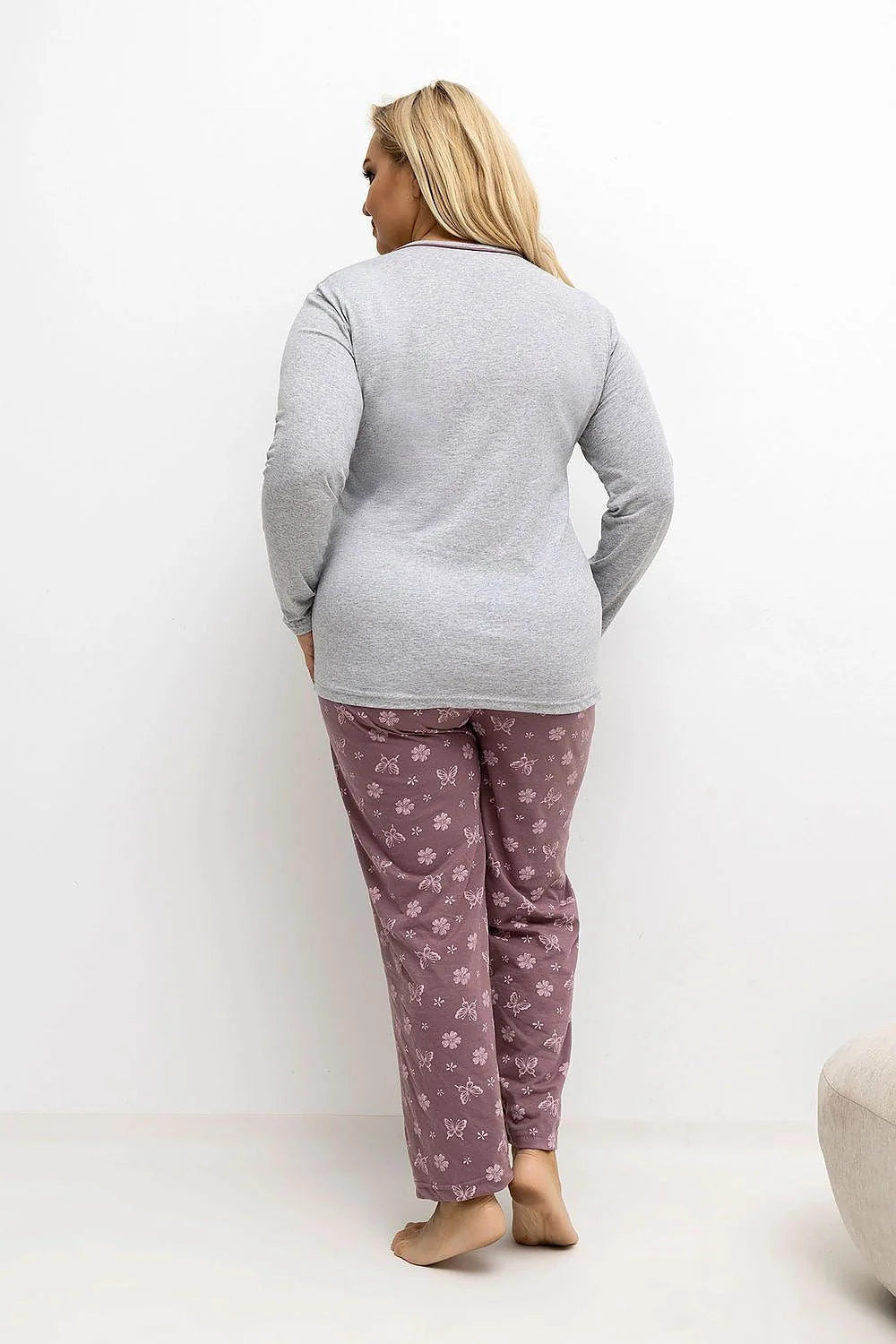pyjama grande taille femmes deux pièces haut manches longues col rond patte boutonnage pantalon droit taille élastique imprimé fleurs papillons