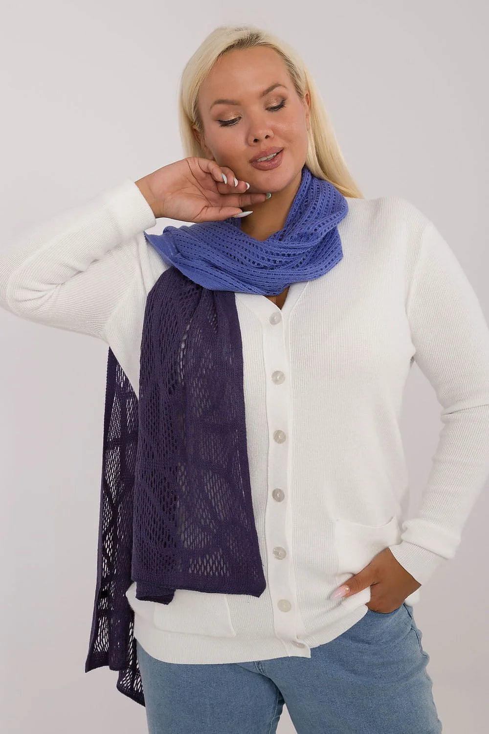 Écharpe ajourée à double couche en coton et laine, violet et bleu, style moderne et élégant pour femme