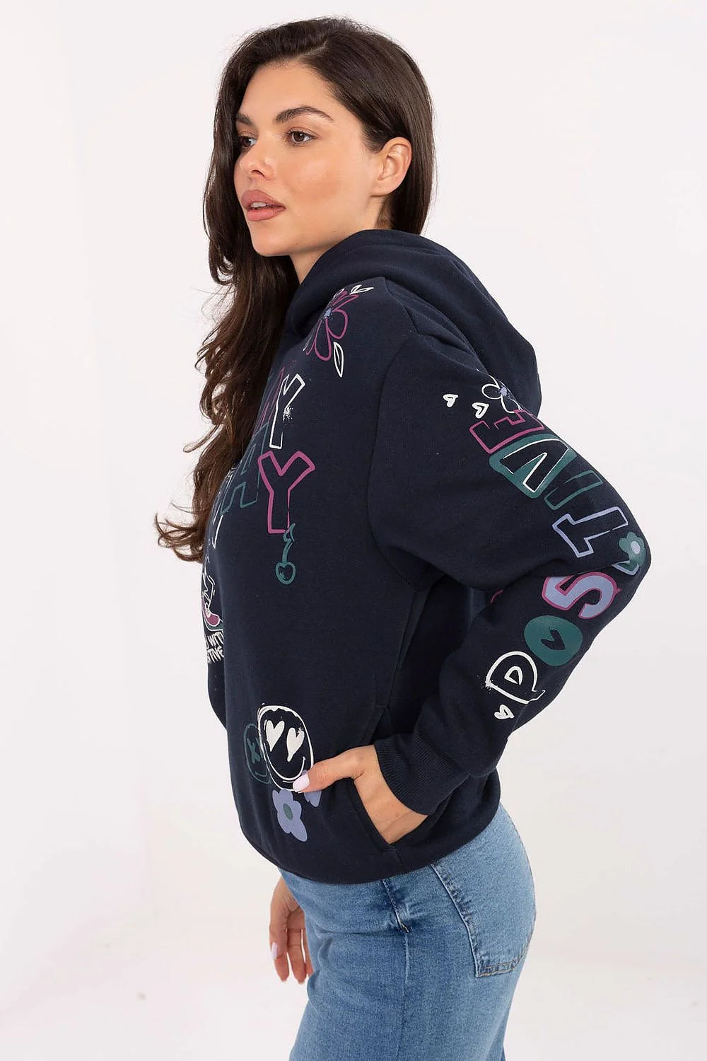 hoodie femme bleu marine oversize coupe droite manches longues molleton epais doux coton polyester imprime graphique multicolore poche latérale