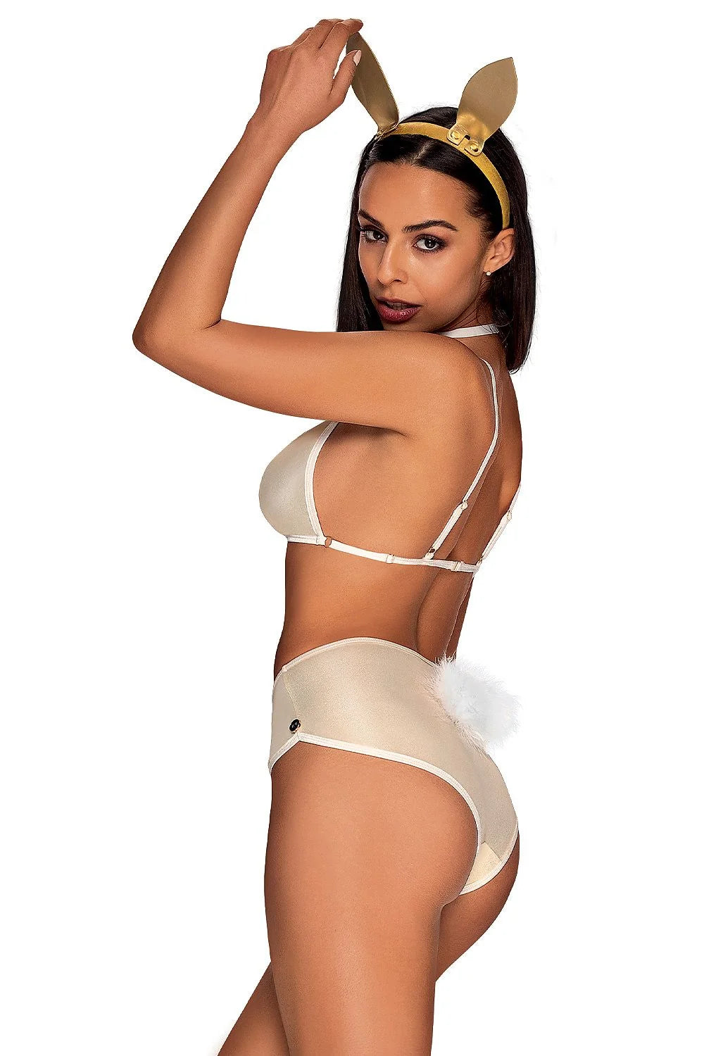 Ensemble lingerie satiné doré style bunny sophistiqué sculptant parfait occasions spéciales séduction élégance