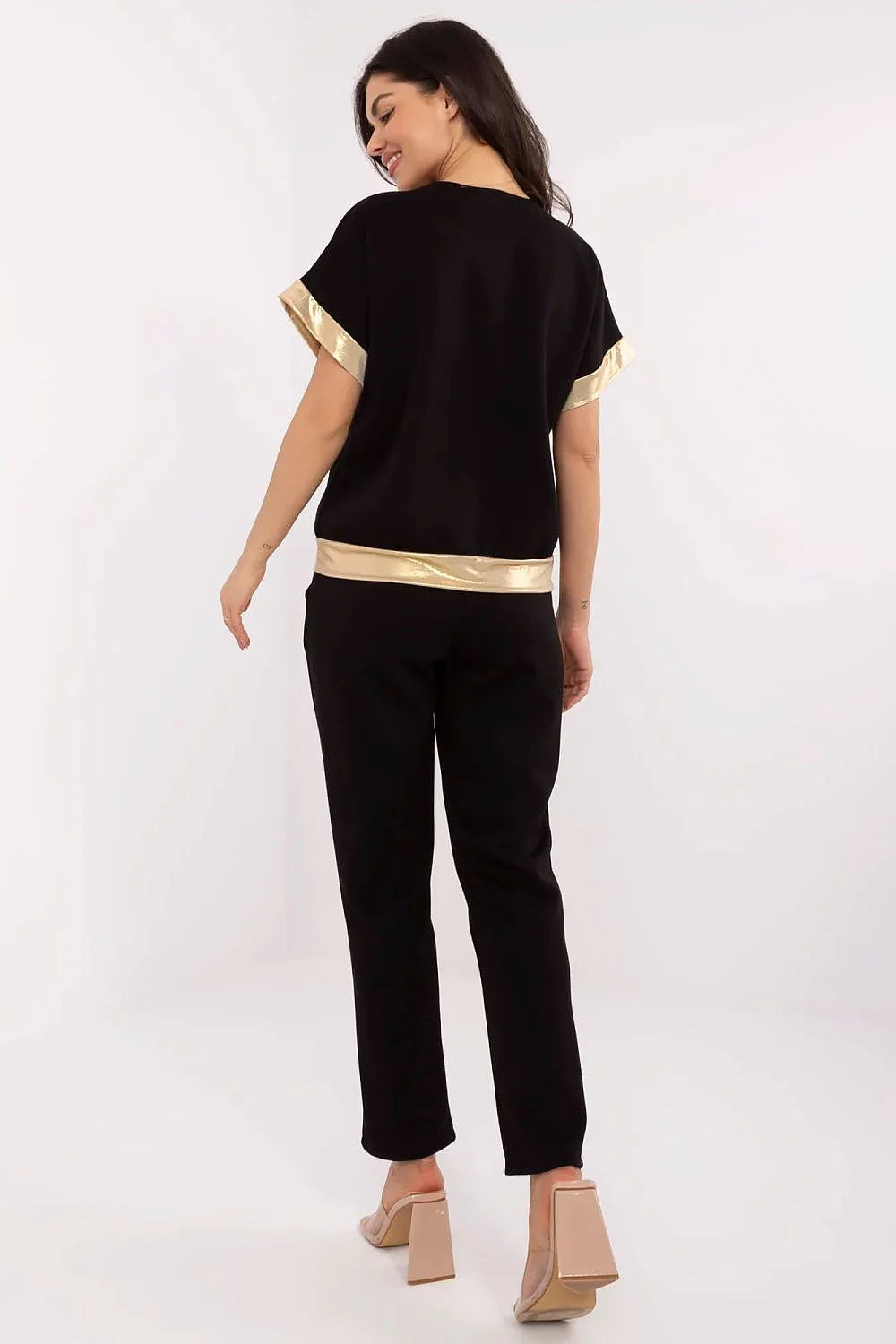 Ensemble féminin Italy Moda chemisier V-neck manches courtes pantalon taille haute doré élégance mode