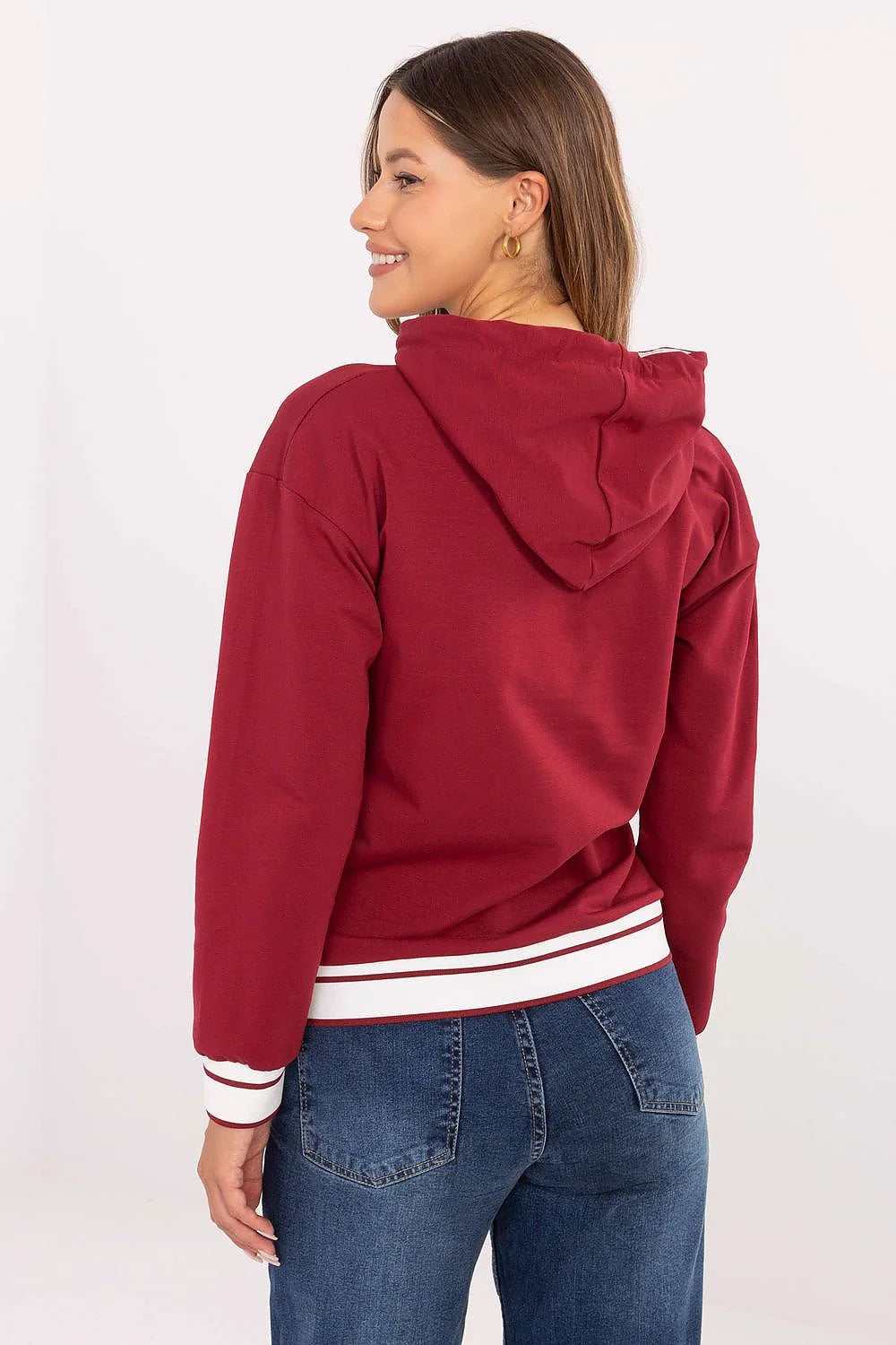 Sweatshirt femme bordeaux coton élasthanne coupe droite boxy capuche doublée blanche cordons contrastants manches longues broderie minimaliste poignets bordcôte rayés