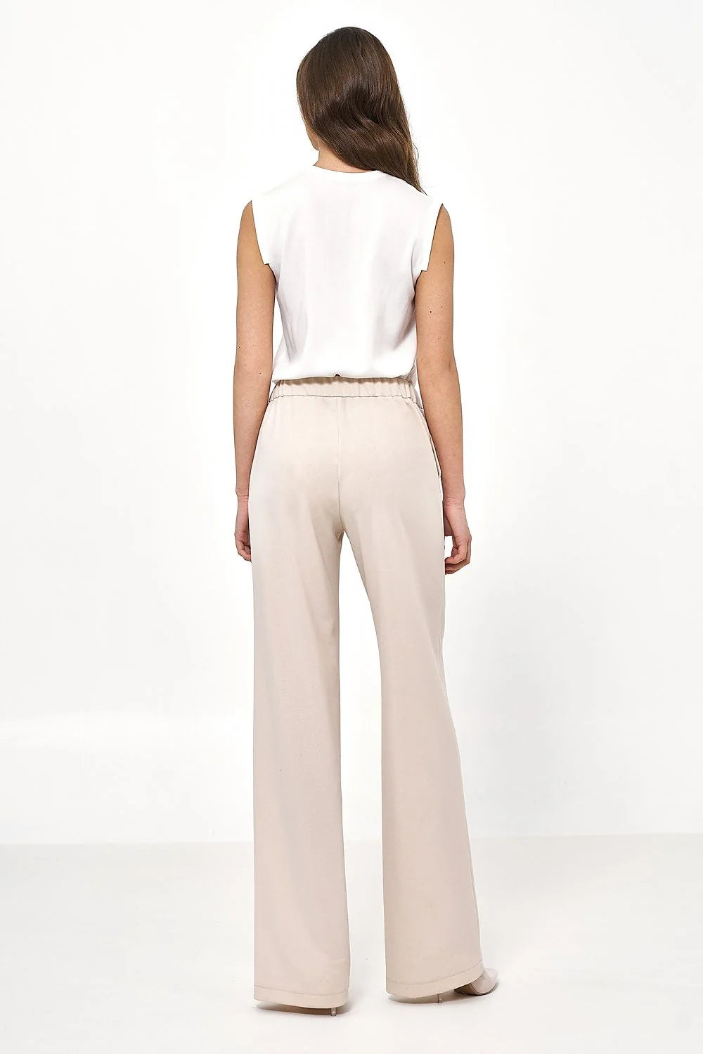 Pantalon femme beige ample coupe haute taille ajustable élasthanne polyester manches longues style élégant