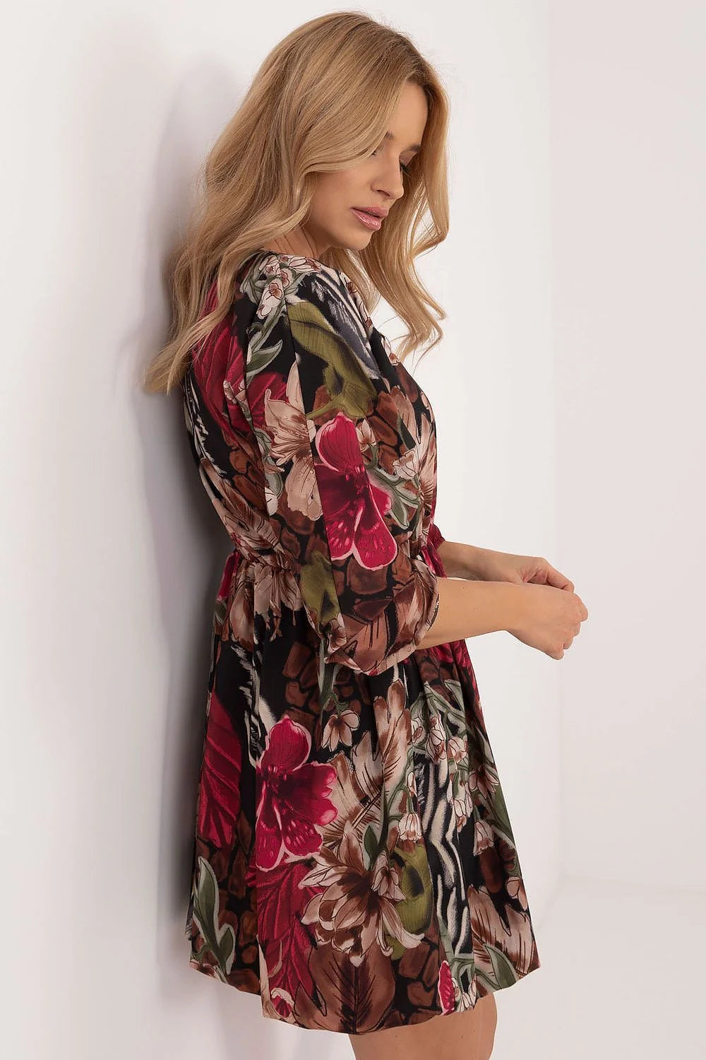 robe boho chic imprimé floral tropical animalier fond noir polyester léger fluide manches longues taille élastiquée