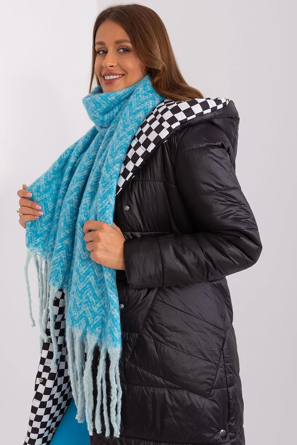 Écharpe longue mode femme motif géométrique bleu turquoise franges doux acrylique laine hiver automne
