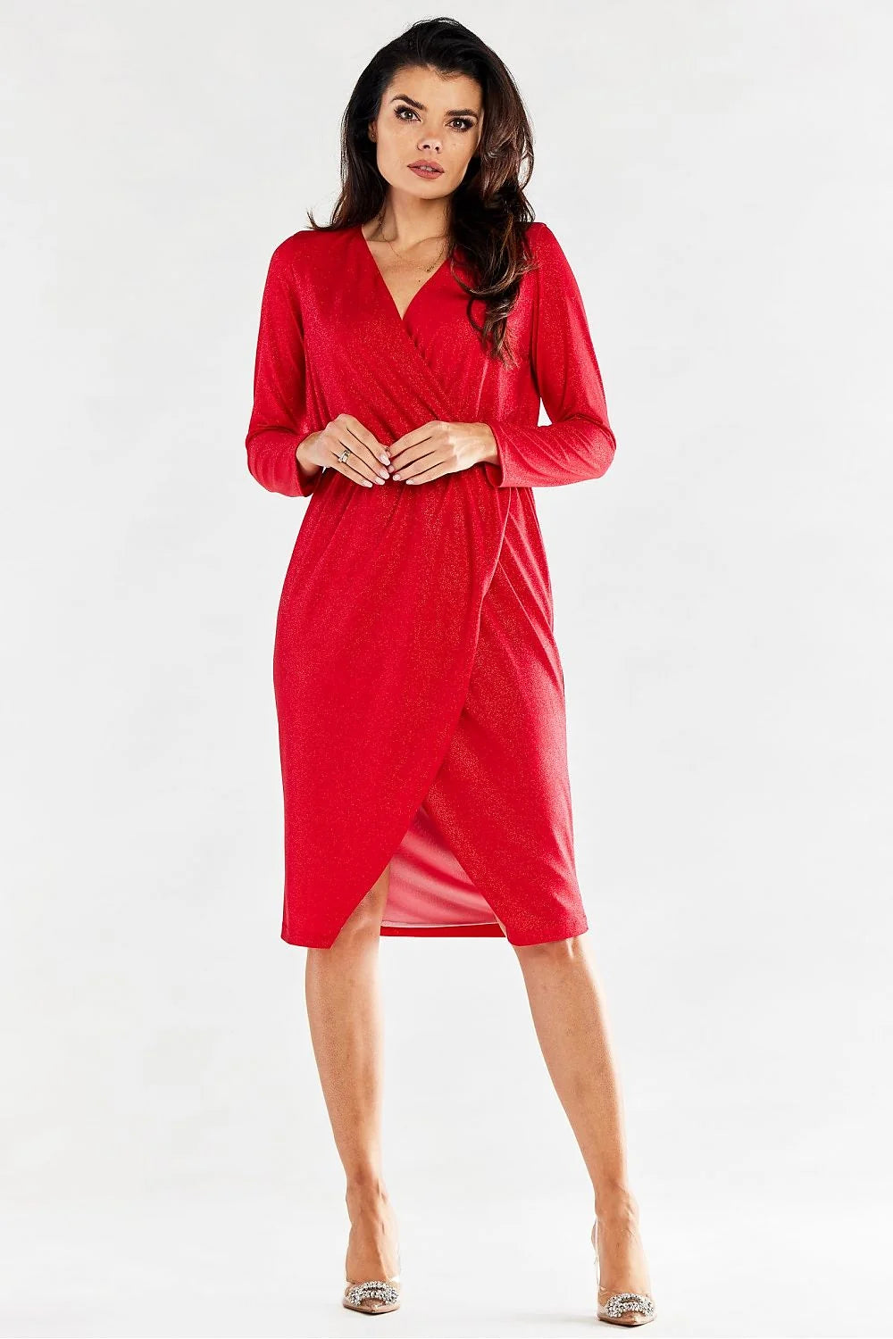 Robe de soirée élégante longue manches longues encolure V croisée taille ajustable tissu métallisé rouge vif femme