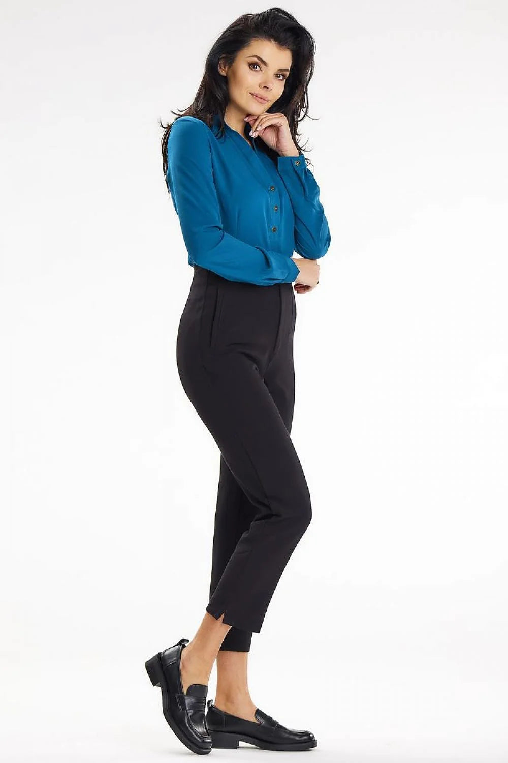 Chemisier awama classique élégant manches longues col en V boutons dorés polyester élasthanne taille ajustée femme